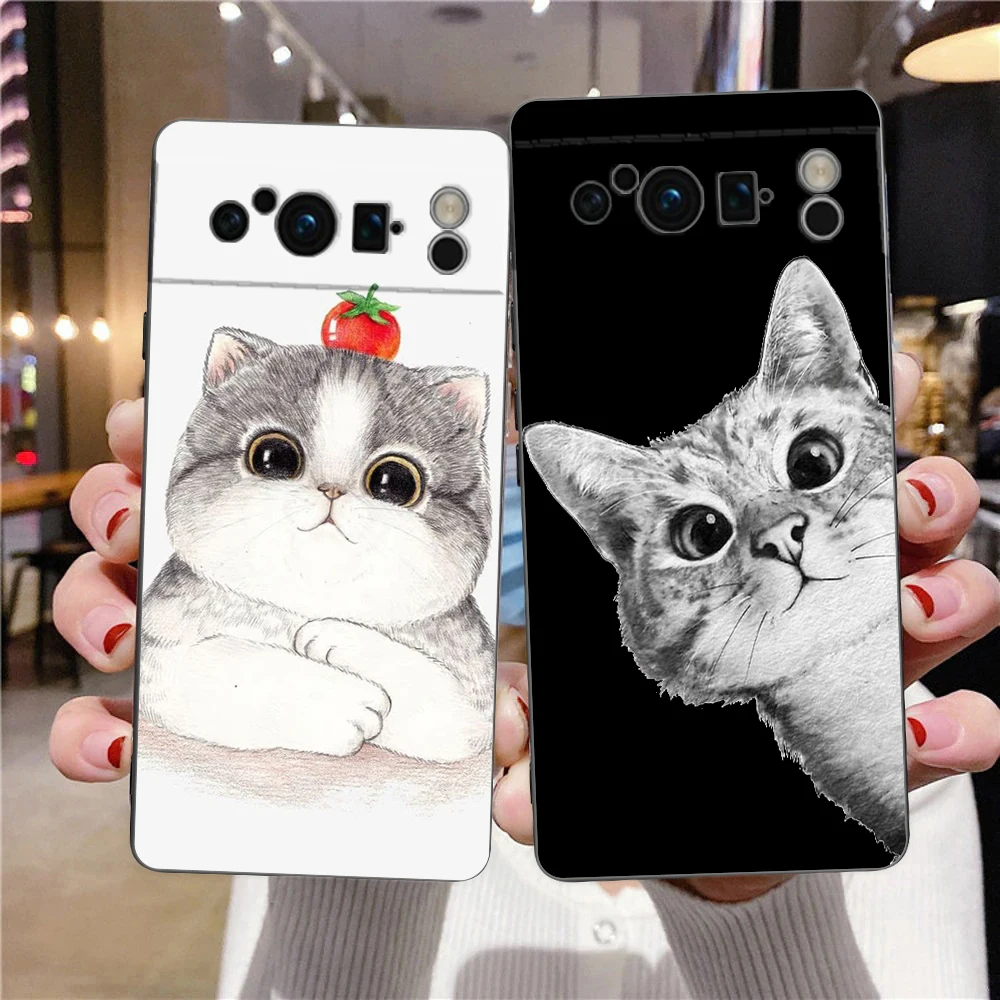 黒のシリコン製携帯電話ケース,Google Pixel 8,7,6 pro,6a,5g用の素敵な子猫の漫画ケース