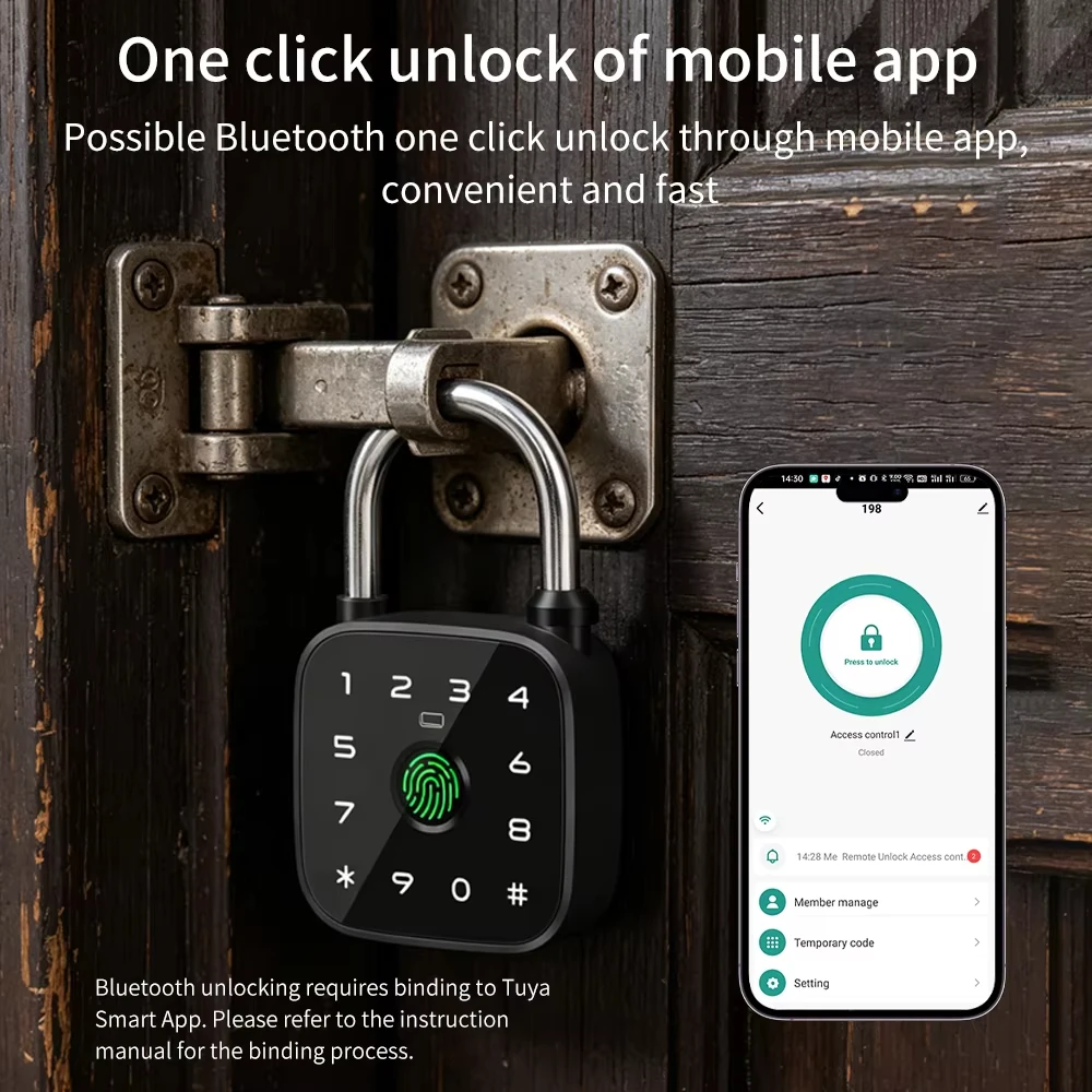 Waterproof Anti-Theft Anti-Vandal Support Tuya APP Smart Padlock Type-C Rechargeable Biometric Fingerprint & RFID Card Lock