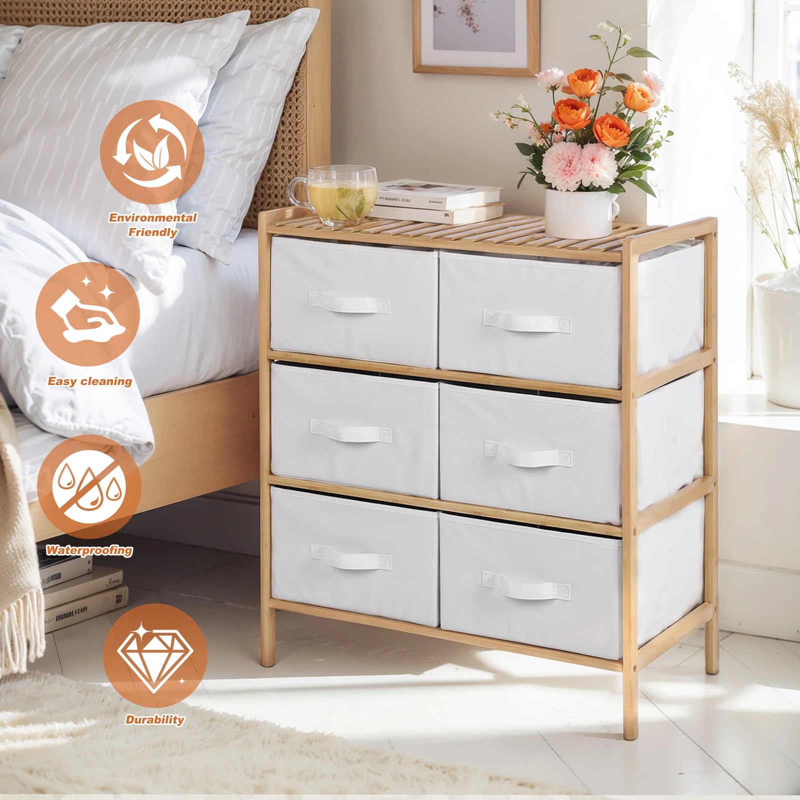 

Quilt Storage Shelf Pull Out Clothes Storage Box with 6 Baskets Wooden Shelf Furniture Multifunctional for Living Room Bedroom