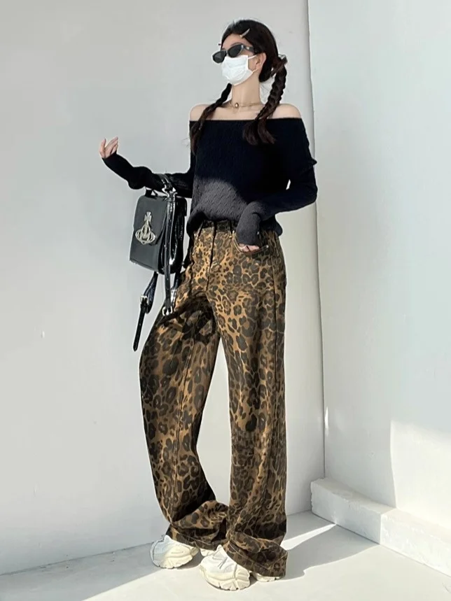 الرجعية الأمريكية فضفاضة تناسب ليوبارد طباعة الجينز عالية الخصر الجاز الرقص السراويل الطويلة للنساء الهيب هوب حار فتاة Sle