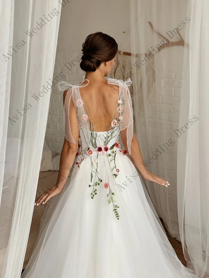 Robe de mariée florale brodée colorée, dos nu, à lacets, nickel é, pour fête de mariage