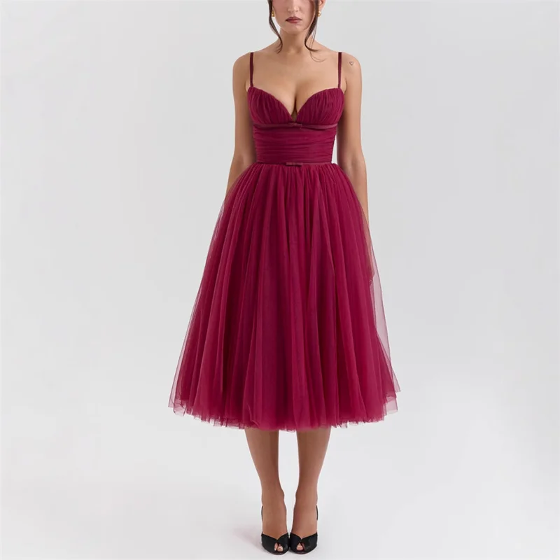 Sexy Tulle A Line V Neck Pleat Spaghetti Straps Bridesmaid Dresses Wedding Party Prom Homecoming Birthday Cocktail Tea Length