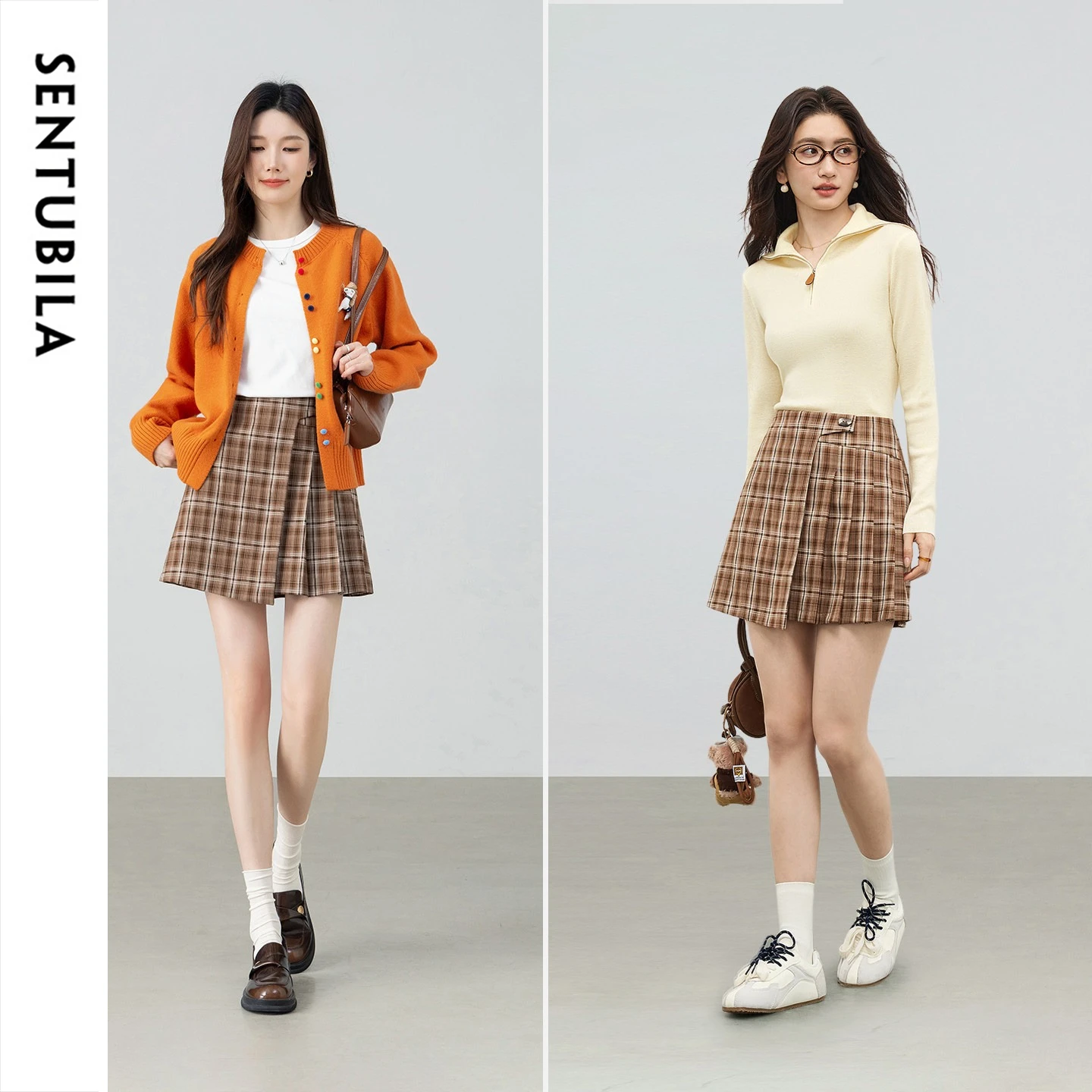 SENTUBILA Women's Coffee Plaid Pleated Skort 2026 Autumn Lady Retro Preppy Style High Waist Partial A‑line Mini Skirt 161QB6643