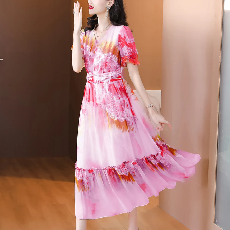 

2023 New Fashion Silk Printed Dress Women's Summer Vintage V-neck Short Sleeve Loose Fit Casual Holiday Dress Vestidos