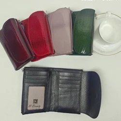 Ladies Patent Cow Leather Short Wallet Fashion Small Crocodile Pattern Genuine Cow Leather Purse ID Card Holders Money Pocket