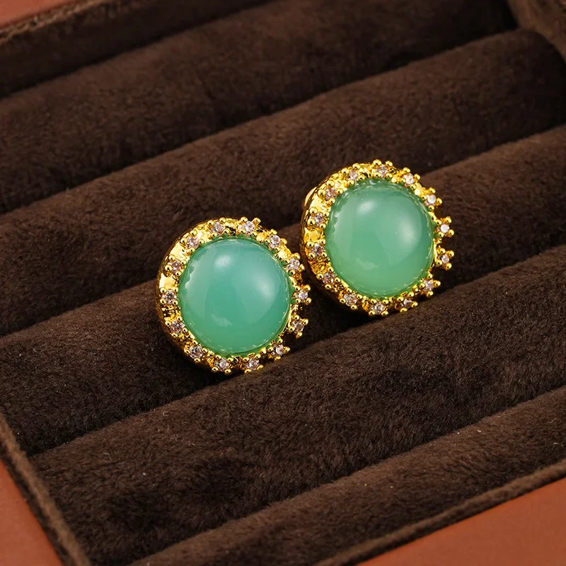 Original Qingdao Jewelry Ancient Style Earrings Women's Green Jade Core Natural Zirconia Stone Earrings High-End Feel National S