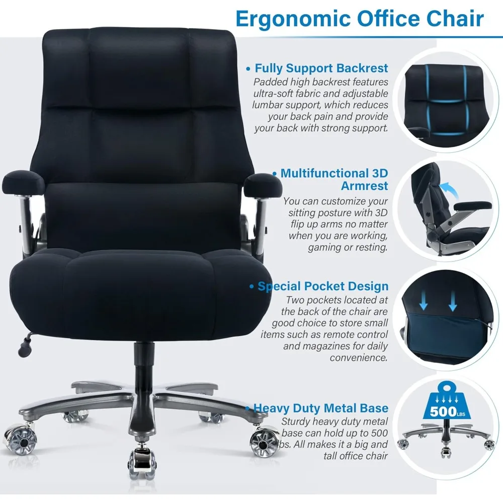 Big and Tall Office Chair 500lbs- Executive Desk Chair with Adjustable Lumbar Support 3D Flip UP Arms- Heavy Duty Quiet Wheels