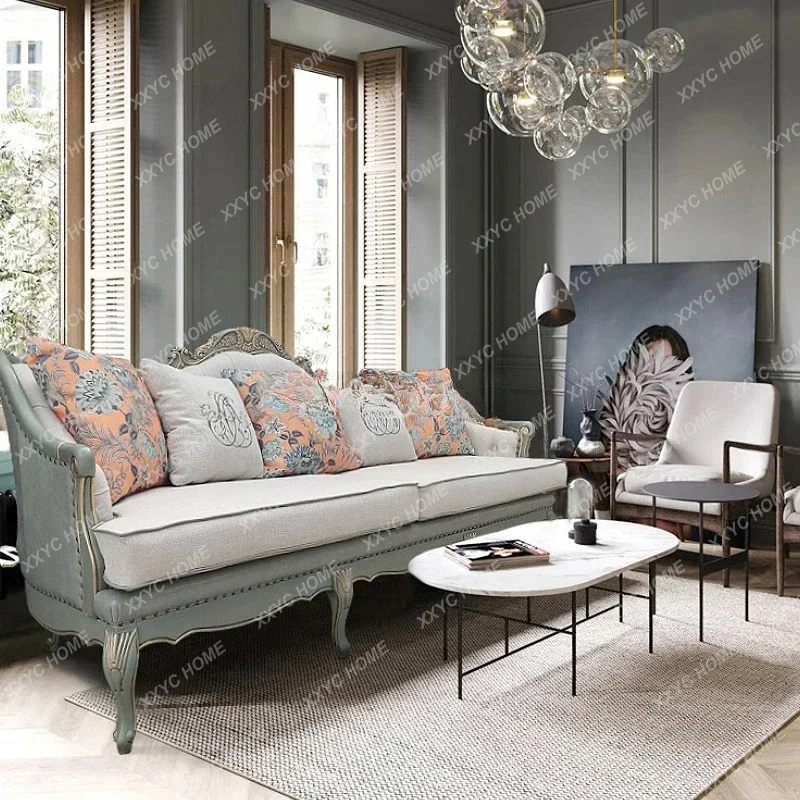 rural solid wood, combined three-person, small apartment light luxury living room furniture fabric sofa