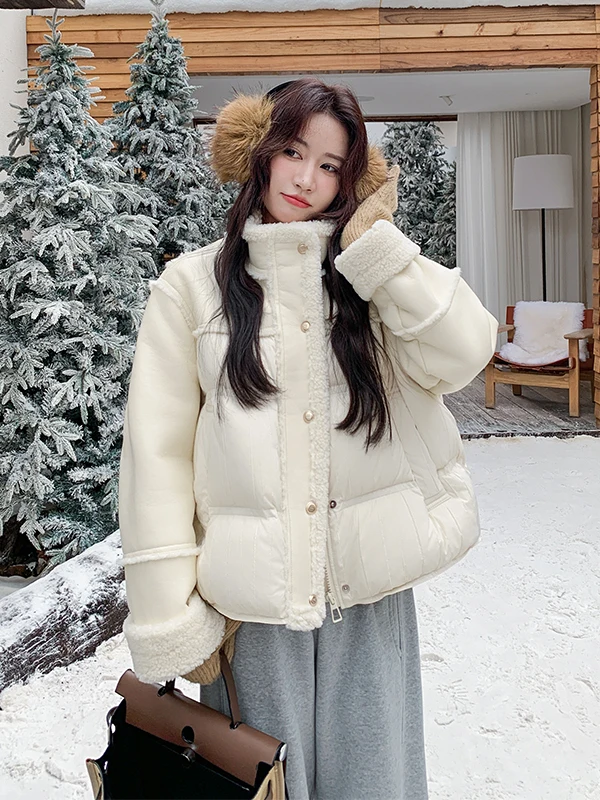 

Женская теплая куртка с воротником-стойкой, пуховик с вставками из овечьей шерсти, белый, с наполнителем из утиного пуха, повседневная, свободного кроя, экологичная