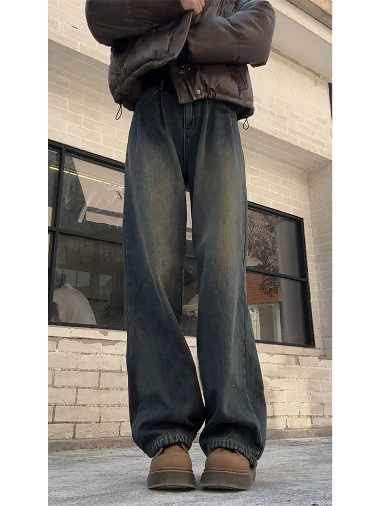 

Джинсы прямого кроя с удлиненными штанинами для мужчин: американский уличный стиль, летняя мода, ретро-синие расклешенные джинсы для высоких мужчин