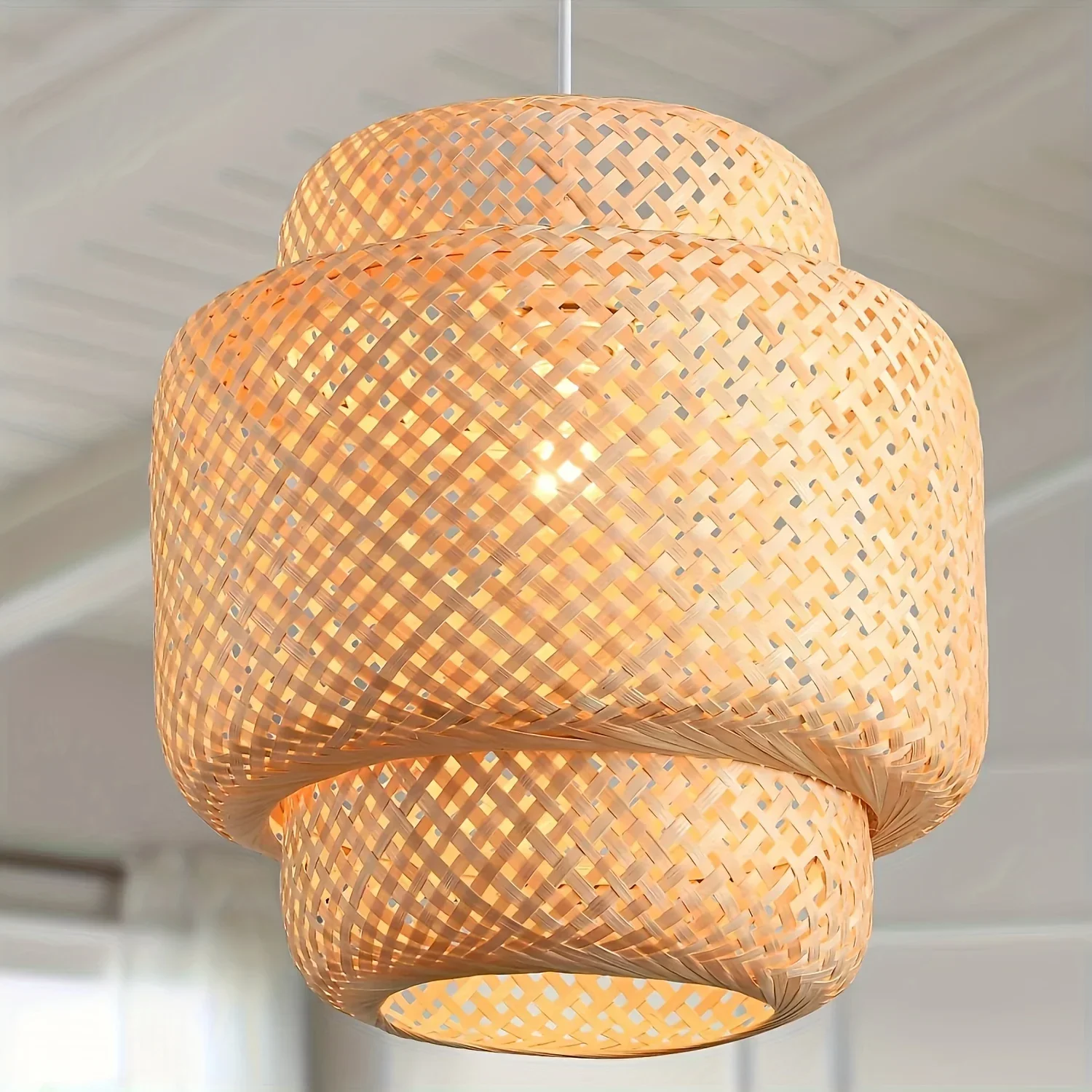 Semi Flush Mount Chandelier Bamboo Pendant Light Fixture with Natural Handwoven Rattan Shade Hanging Lamp for Restaurant Bedroom