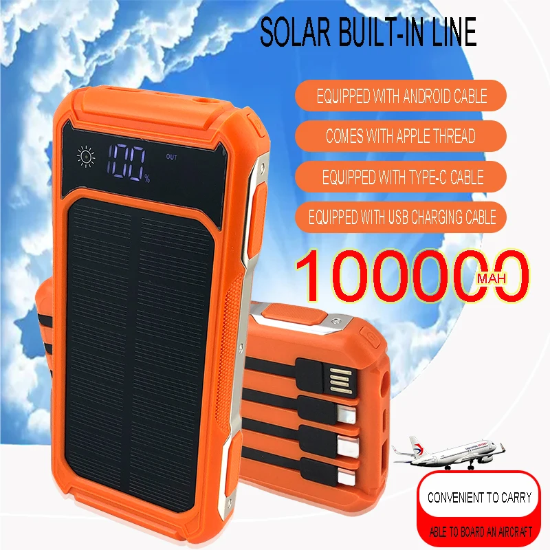 100000mAh Large Capacity Solar Power Bank Portable With Lanyard Compass External Battery Outdoor Camping Charging Powerbank New