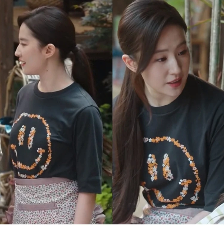 

Pure Cotton round Ne Smile Face T-irt Women Loose ort Sve Summer Top Comfortable Korean Sle Commute Faion