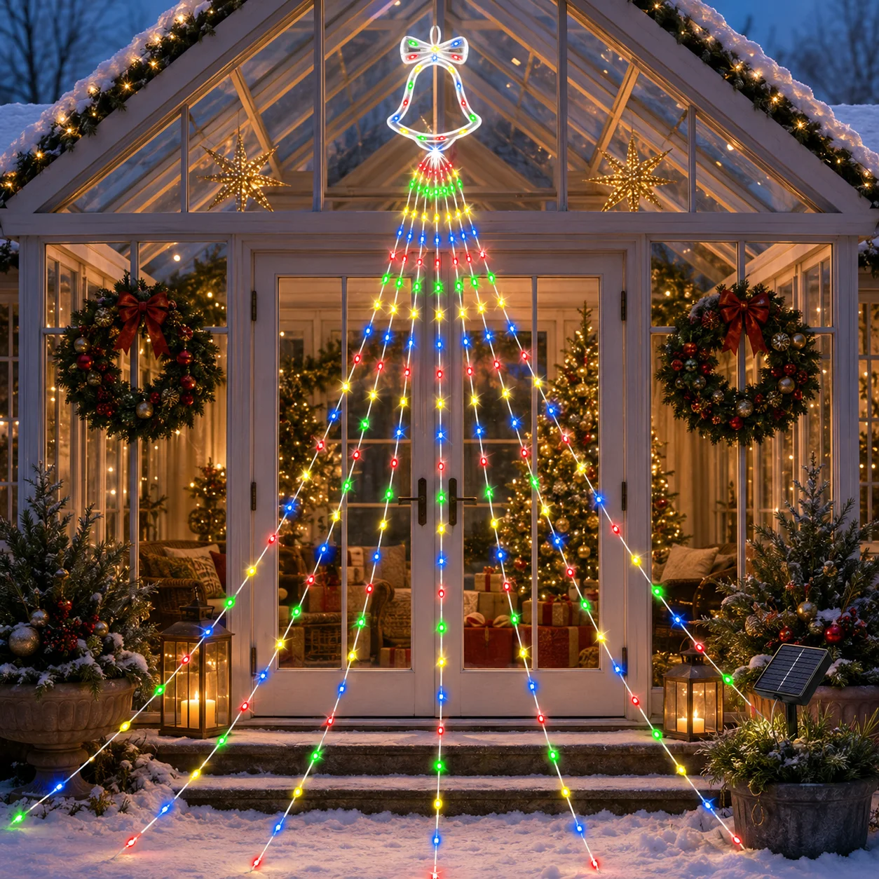 Christmas Lights Bell Waterfall Curtain Lights 2PCS Solar Powered 200/290LED Multicolor 8 Modes for Garden Patio Tree Fence Part