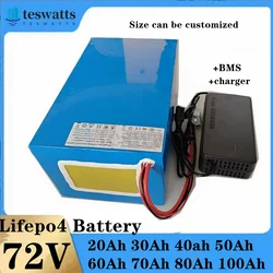 Batterie au lithium LiFePO4 avec chargeur, 72V, 50Ah, 60Ah, 40Ah, 80Ah, 100Ah, BMS pour scooter, vélo électrique, moto, 3000W