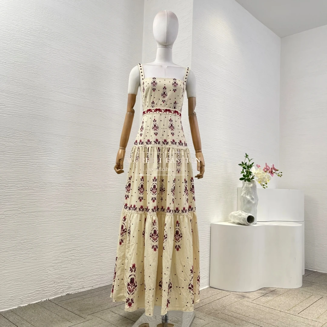 Beige Embroidery Floral Print Sleeveless Sling Women's Summer Dress Viscose