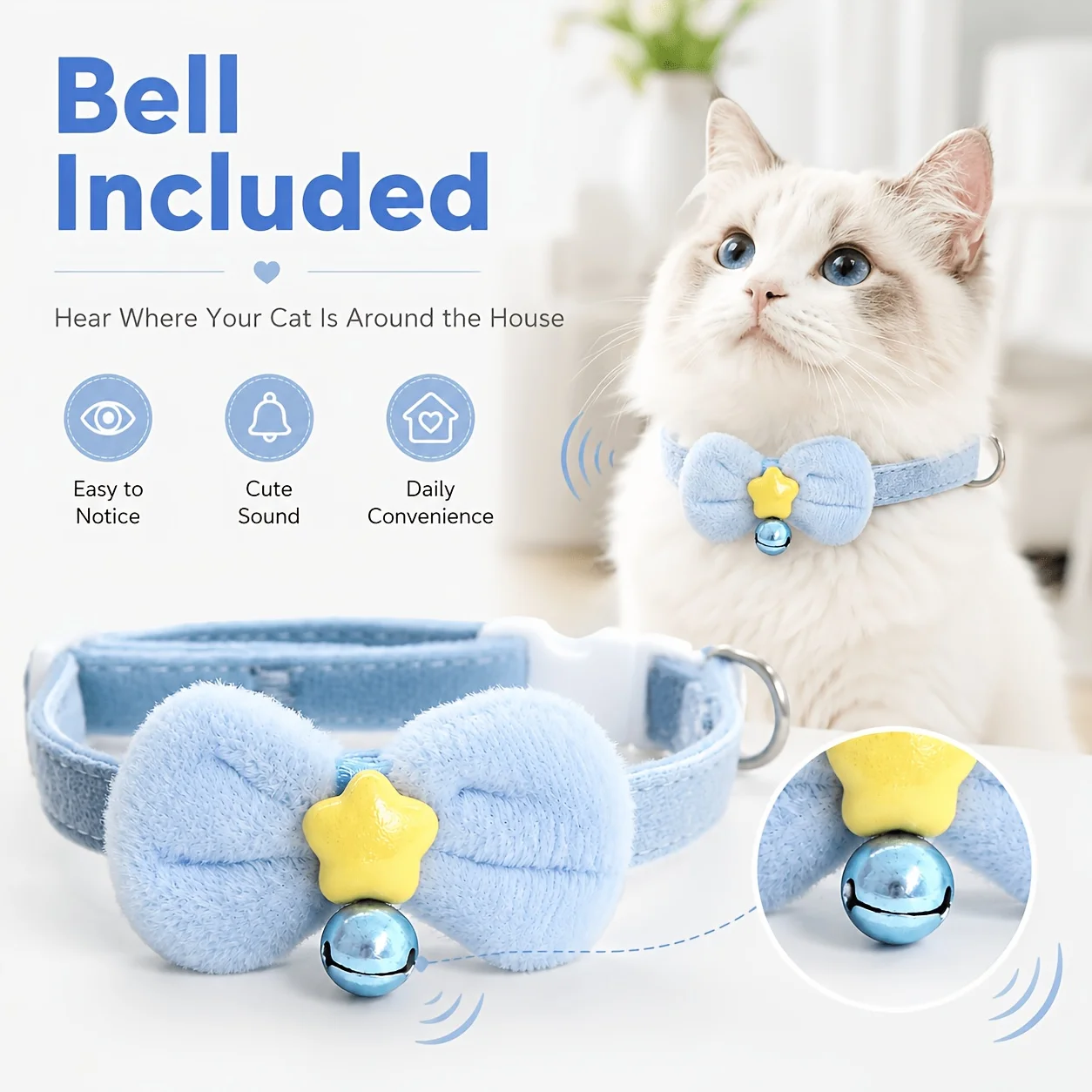 Cute Bow Bell Cat Collar, Adjustable Soft Kitten Necklace With Star Pendant, Battery Free
