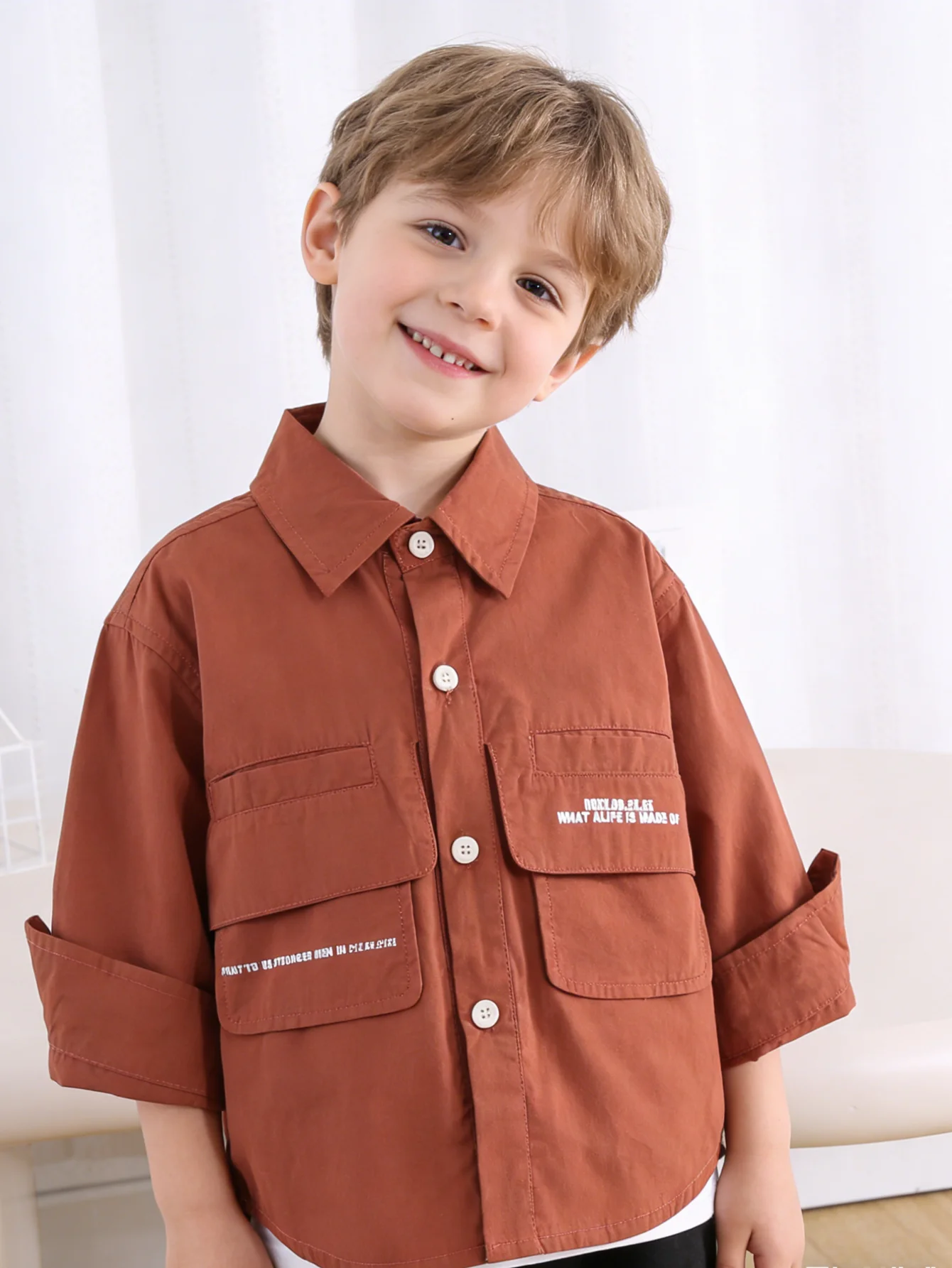 Kids Boys Streetwear Cargo Shirt, 2026 New Fashion Terracotta Utility Shirt With Roll Up Sleeves, Casual Loose Fit Top For Daily