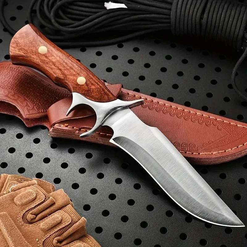 1PC Solid wood - outdoor camping straight knife, rivet reinforced, comfortable grip, suitable for fishing and hiking, men's gift
