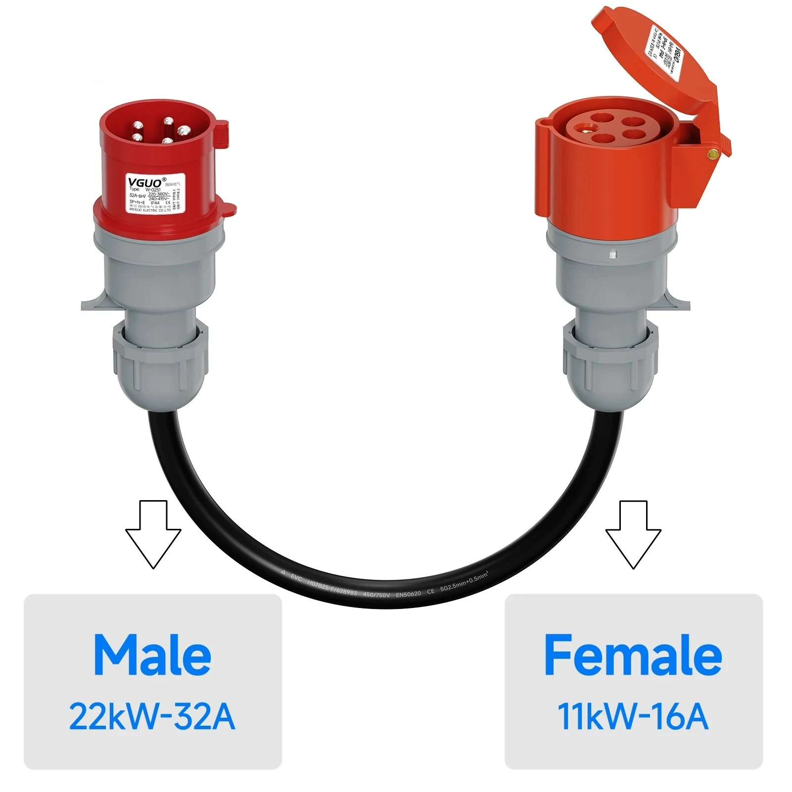 Câble adaptateur JNTAFEV CEE 5 broches 400V 22KW 32A mâle vers 5 broches 400V 11KW 16A femelle, adaptateur de chargeur portable pour ateliers