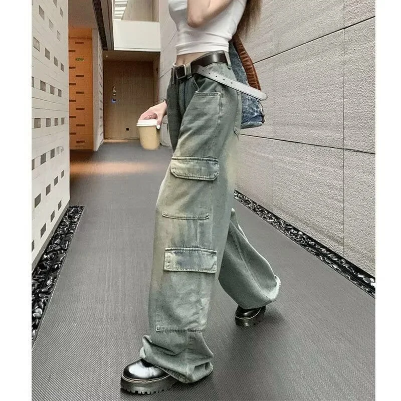 

Американская уличная рабочая одежда в стиле ретро, джинсовые комбинезоны, женские весенне-осенние 2024, новые прямые свободные джинсы с несколькими карманами
