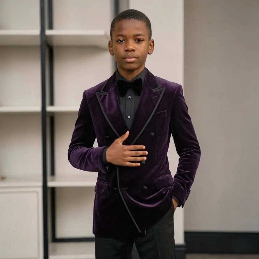Black Boy Suits Slim Fit Velvet Formal Prom 2 Pieces Piping Double Breasted Wedding For Galas Proms Holiday Celebrations 2026