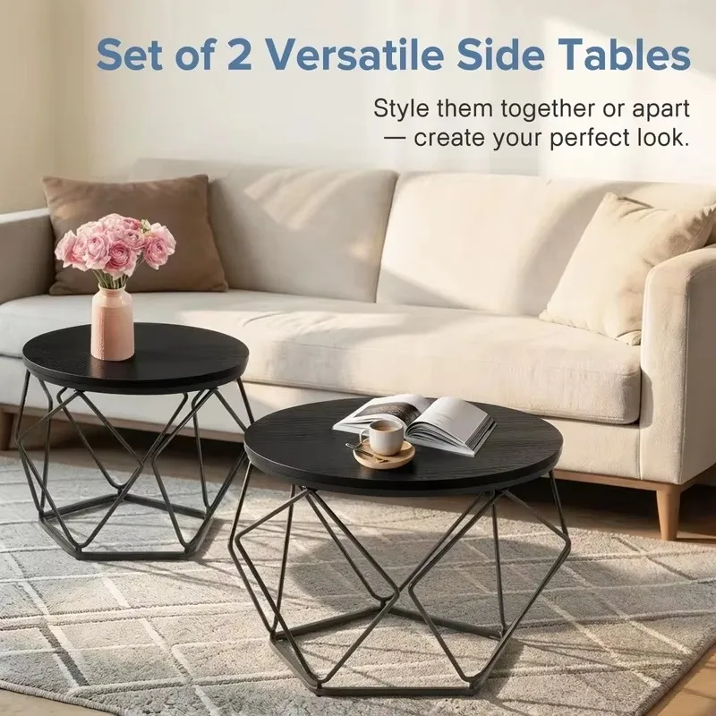 Farmhouse Vintage Round Sofa Side Table, Iron Frame Coffee End Table with Open Storage for Living Room Home Decor