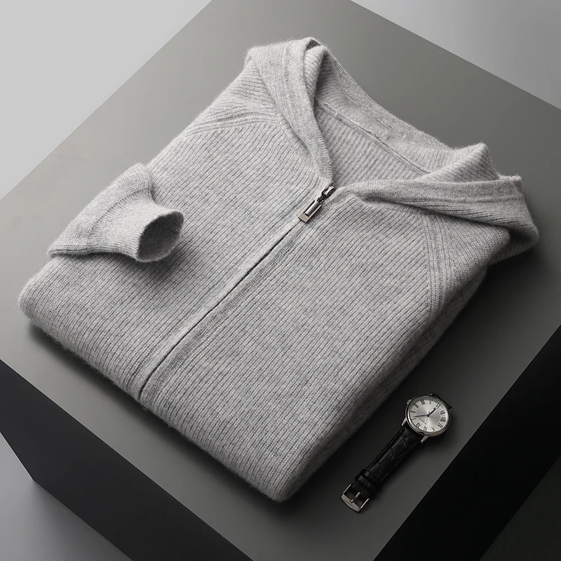 Cappotto maglione con cerniera da uomo Autunno Inverno Spessore maglione di pura lana al 100% Cardigan lavorato a maglia con cappuccio casual Giacca calda a maniche lunghe