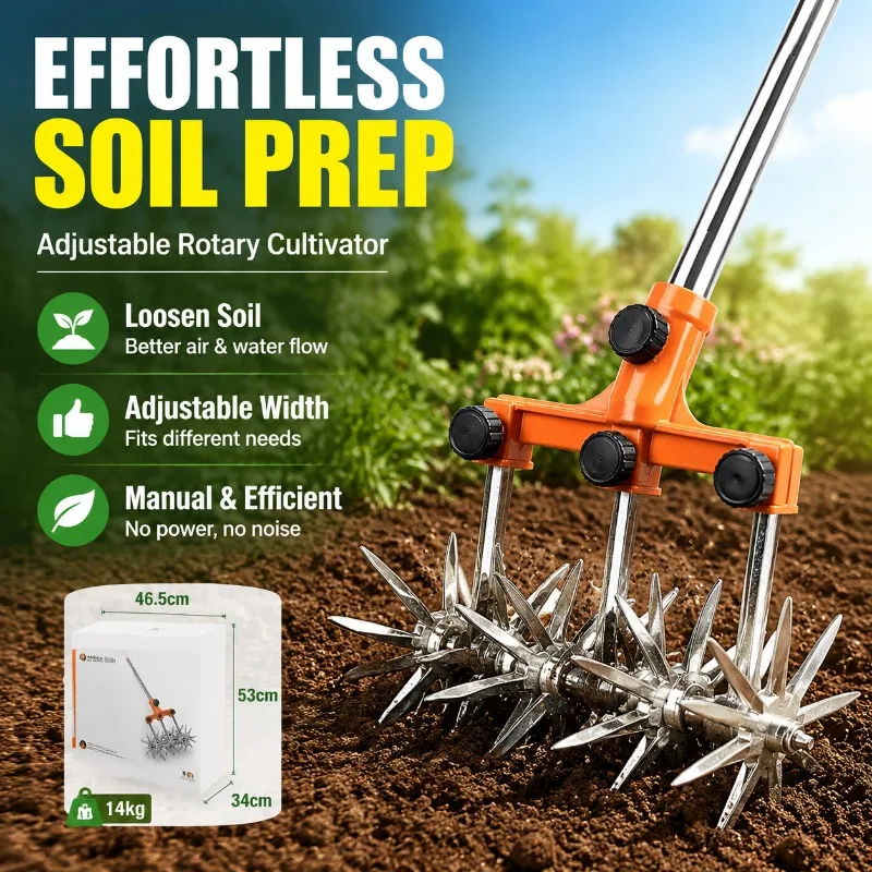 Adjustable Manual Rotary Cultivator Garden Soil Tiller Spiked Aerator Hand Weeding Tool for Cultivating Loosening Backyard Row