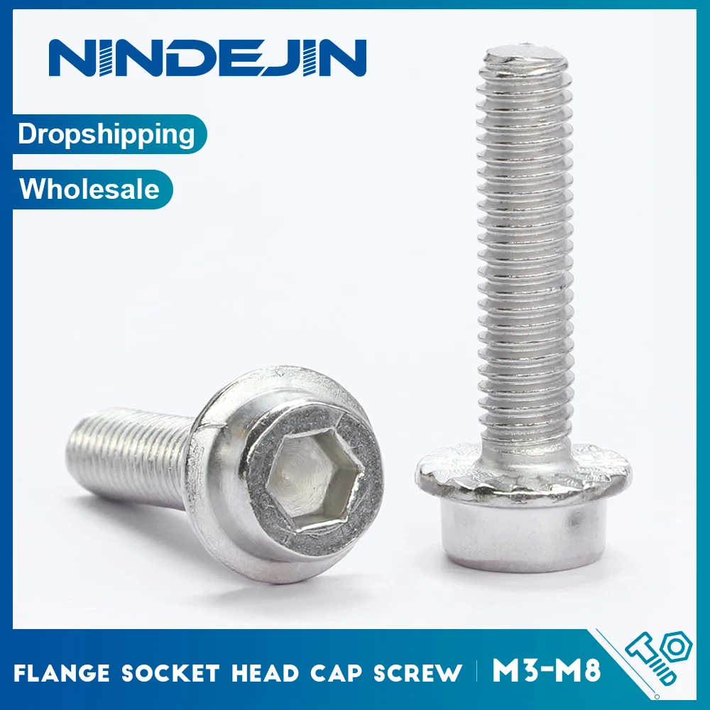 10-20pcs/pack Hexagon Socket Head with Serrated Flange Screws 304 Stainless Steel M3 M4 M5 M6 M8 M10 M12 Flanged Allen Bolt