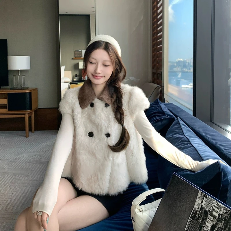 2026 Autumn/winter New Beige Padded Faux Fur Vest Korean Style Sleeveless Warm and Fashionable Faux Fur Jacket