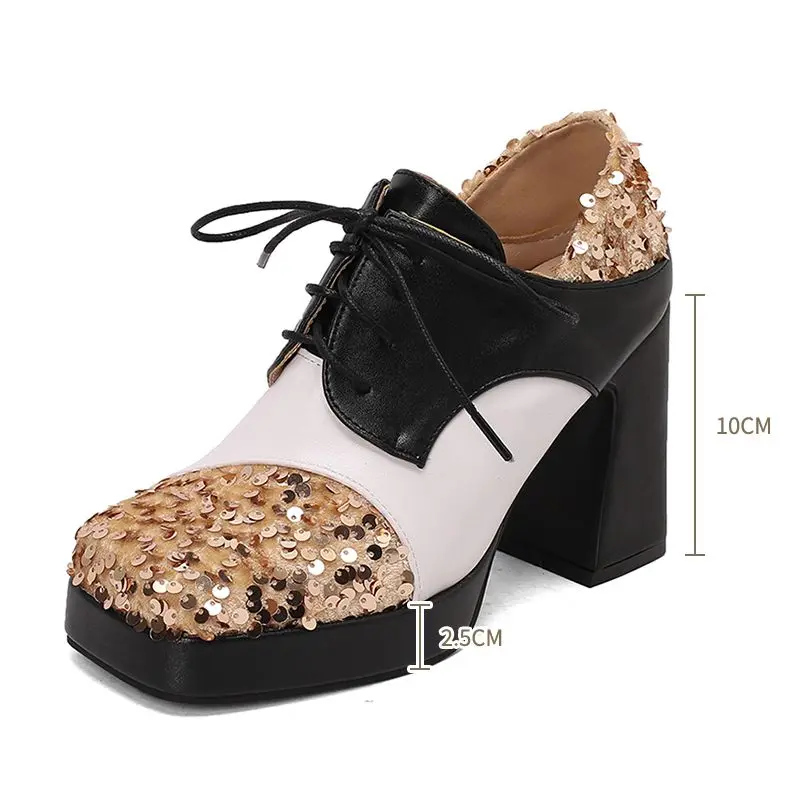 SIMLOVEYO Trendy Designed Ladies Footwear Square Toe Chunk Heel 9.5cm Elevated Sole 2.5cm Lace Up Sparkle Extra Sizes 46 47 48