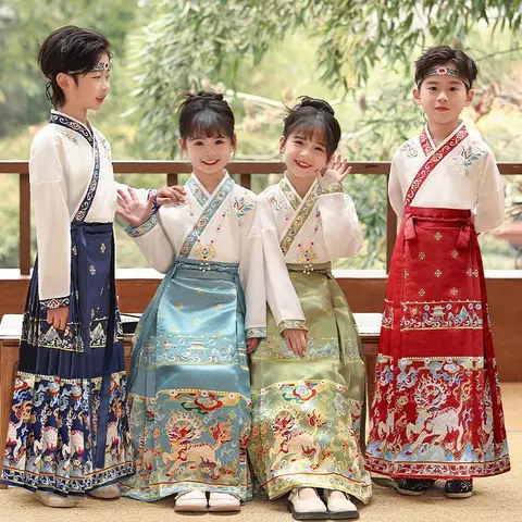 Long Sleeve Children's Sets Stage Two Piece Set Boys Outfit Hanfu Tops Horse-face Skirt Girls Suit Tang Costume Kids Clothes