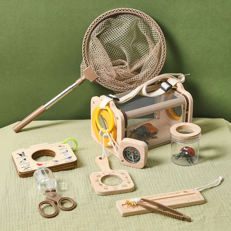 Children Wooden Outdoor Adventure Set Portable Outdoor Insect Box Science Educational Toy Bug Catcher For Kid With Butterfly Net