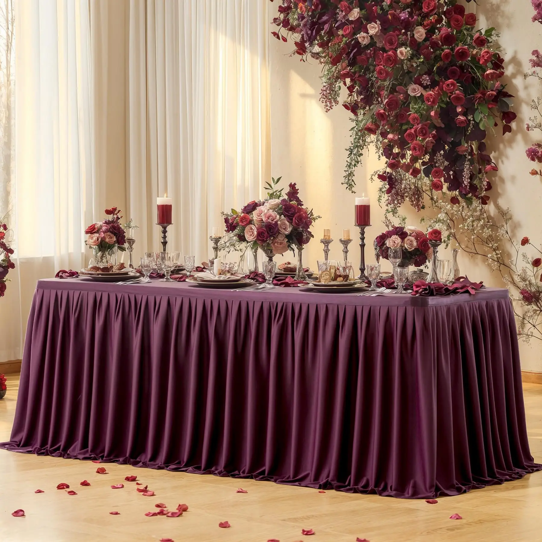 Wine Red Polyester Table Skirt for Rectangle Tables Table Skirt Ruffle for Party Wedding Baby Shower Birthday Decor