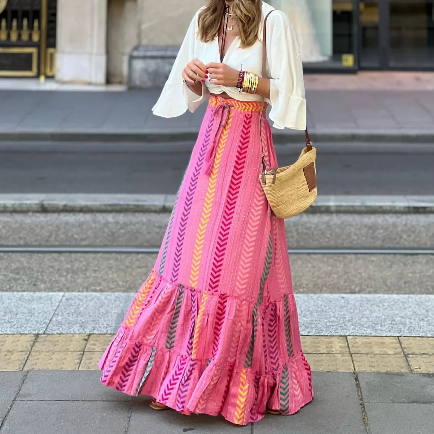

CPSYMYM Combhasaki Women's Summer Y2K Flowy Boho Vintage Aesthetic Printed Ruffled Hem Tassels Drawstring Waist Flowy A-Line Lon