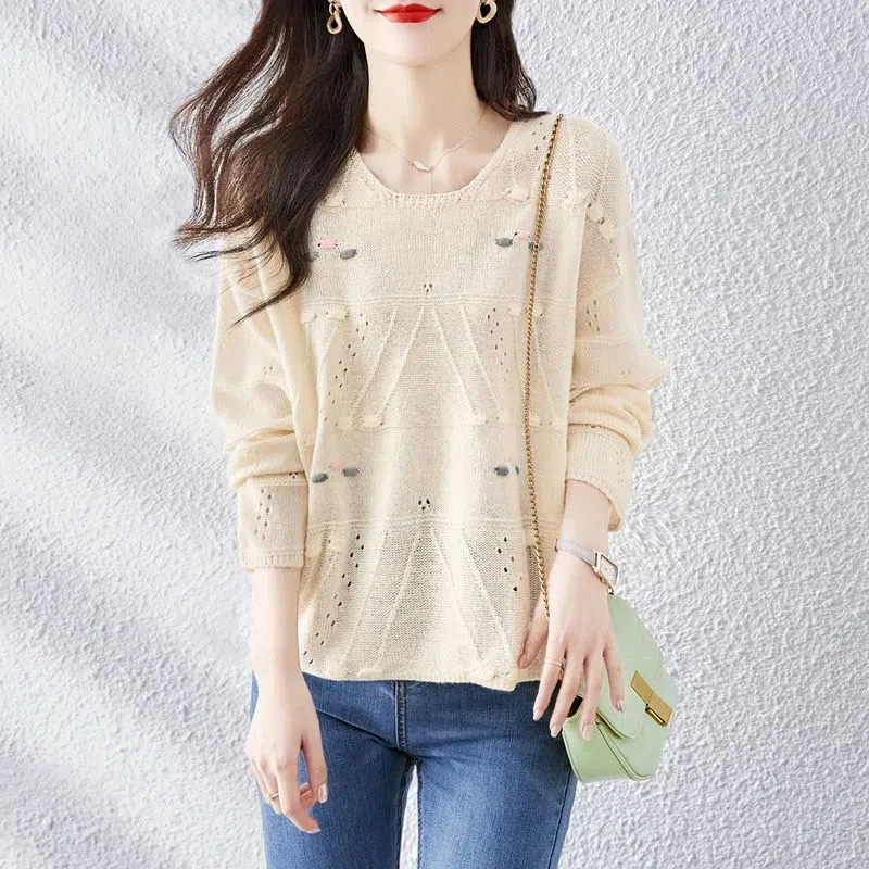 Women\'s Clothing Pullover Long Sleeve Sweater Knitted Casual Fashion Hollow Out Round Neck Hole Spring Autumn Flattering Tops