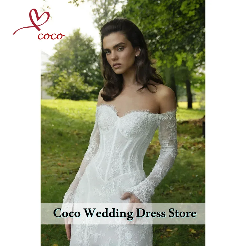 فساتين زفاف دانتيل أنيقة مكشوفة الكتفين مخصصة بدون حمالات حورية البحر زي العرائس كم طويل ثوب زفاف رداء de mariée #4