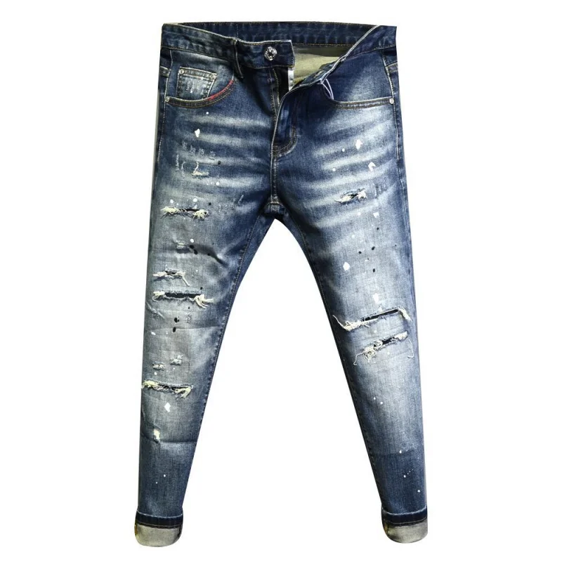 جينز رجالي جديد ربيعي 2025 رقعة ثقب كلاسيكية للتنحيف قدم صغيرة موضة الشارع سراويل جينز عصرية