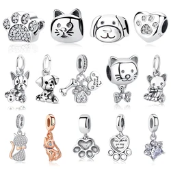 Original 925 prata esterlina encantos amor animais de estimação cão gato pata impressão pingente contas caber pan pulseiras colares feminino jóias diy