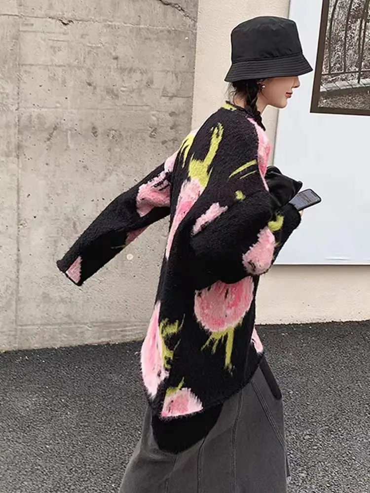 سترة كورية فضفاضة بنمط الورد للنساء لخريف وشتاء جديد طويل متماسك نمط كسول بأكمام طويلة #3