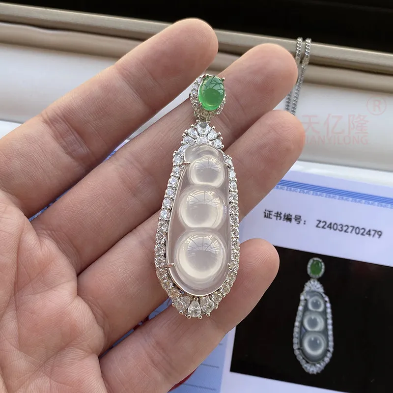 Natural Chalcedony Lucky Bean Pendant White Jade Color Nephrite Agate Necklace for Women Fashion Jewelry