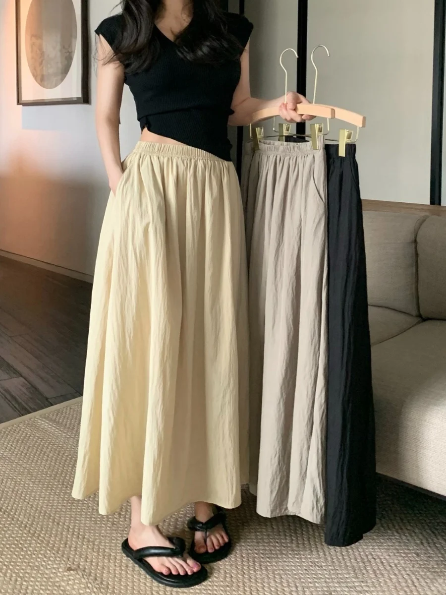 

plus Size High Waist Draped Pleated Midi Skirt Summer Hiding Hip Slimming A-Line Long Skirt Casual Korean Sle Pure Color