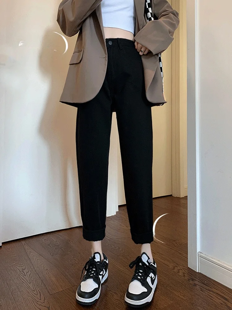 plus Size Fce Lined Thi Bla Harem Denim Jeans Women's New 2025 Autumn Winter High Waist Slimming Nine Point Pants