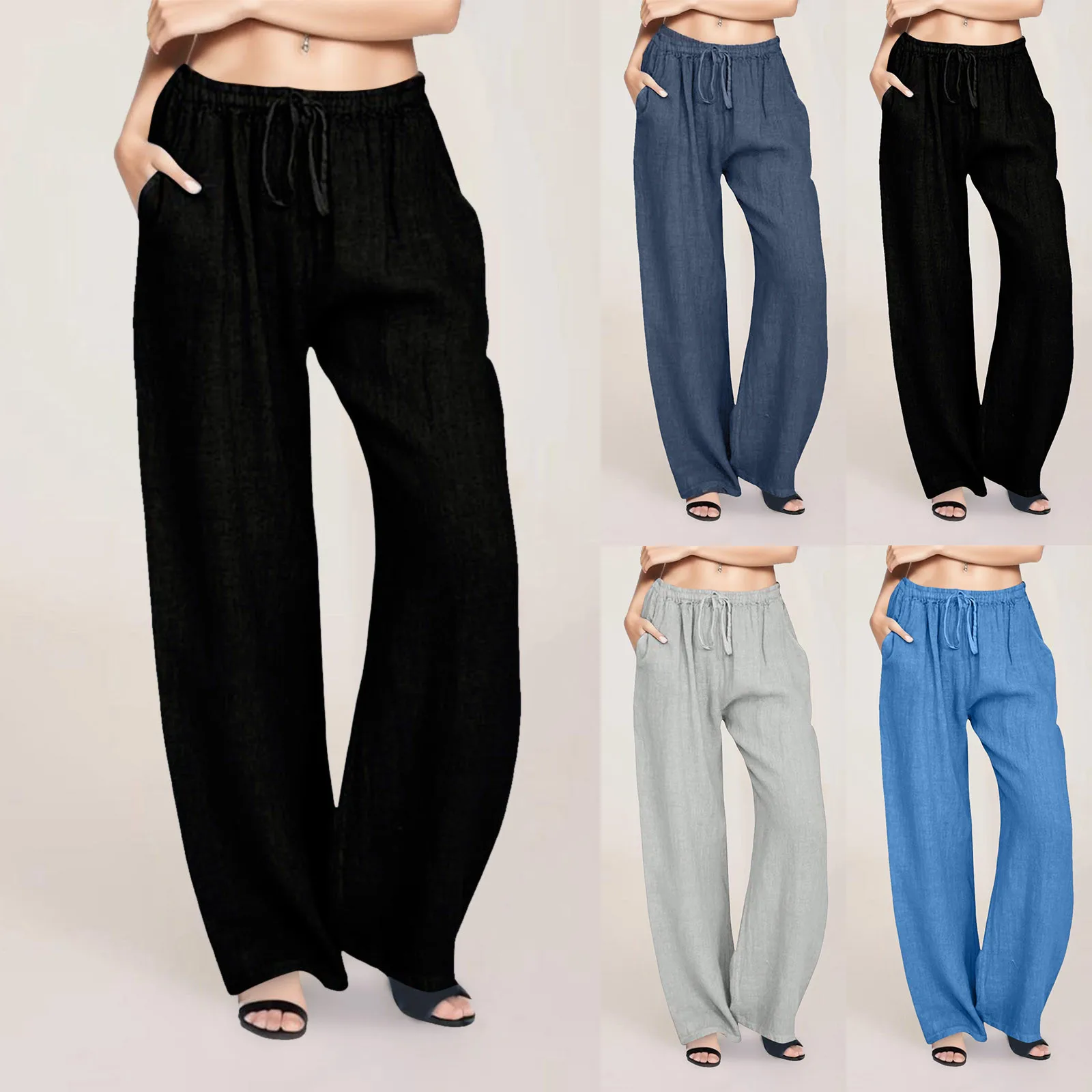 Women Cotton Linen Pants Solid Color Elastic Loose Drawstring Wide-Leg High Waist Trousers Female Stretch Straight Casual Pants