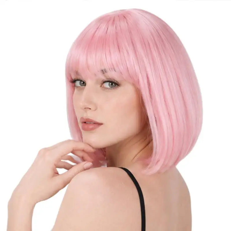 Short Bob Wig With Bangs Straight Synthetic Hair Wigs For Women Natural Look Daily Party Cosplay Heat Resistant Full 3 Color Wig image 5