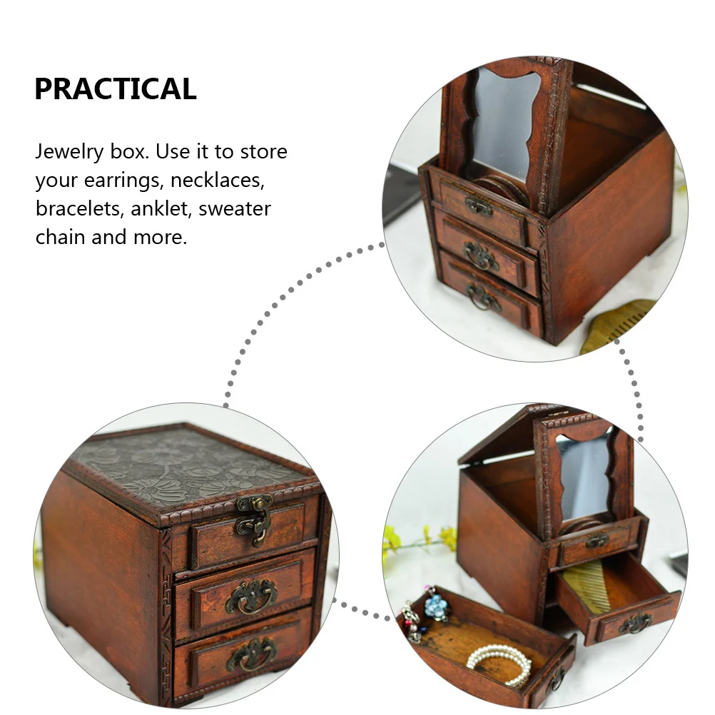 Wooden Jewelry Box Chinese Style Mirror Elegant Organizer for Ring Necklace Earrings Bracelets Storage Jewelry Box