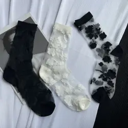 For Woman Ultra-Thin Chic Transparent Breathable Socks Black White Flowers And Plants Summer Crystal Silk Hollow Out Sheer Sox