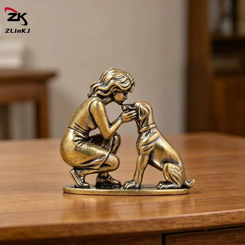 (ZYDD01) 1Pcs Brass Girl Dog Figure Home Desk Ornament Retro Figurine Small Decorative Crafts Creative Decor