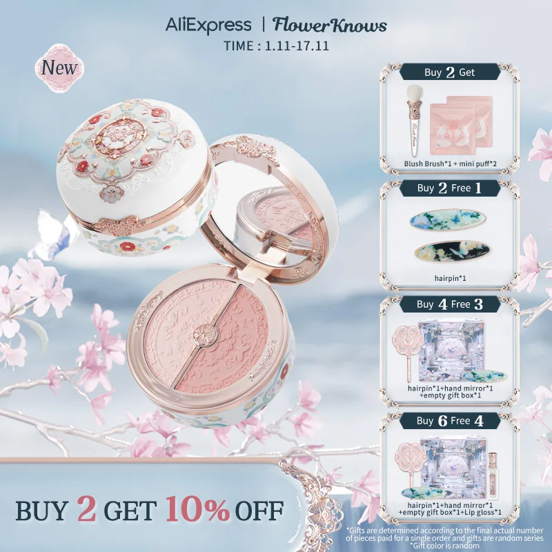 

Flower Knows Butterfly Cloud Collar Collection Rouge Box Highlighting & Blush Duo Powder Brightening Auxiliary colors 6g